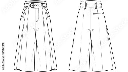 Fashionable wide-leg culottes illustration with pleated front, belt detail, and back pocket shows a contemporary style for apparel design and technical drawings, creating stylish g.
