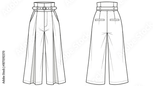 Stylish Wide-Leg Pants Fashion Illustration with Belt showcases modern high-waisted trousers perfect for garment design, textile presentation, or fashion industry projects, offerin.