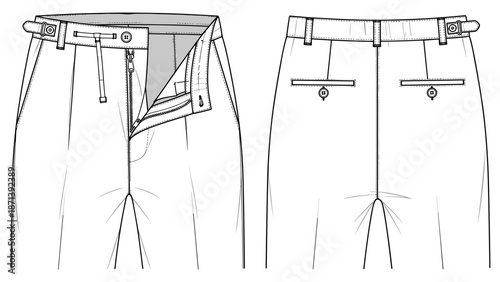 Elegant tailored trousers line drawing showcases menswear fashion design, emphasizing classic style for apparel presentations, technical sketches, and garment industry specificatio.