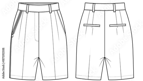 Fashion illustration showcasing stylish pleated shorts with a high waist, featuring side zipper and back welt pockets, ideal for presentations, marketing materials, and fashion