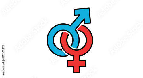 Linked male and female gender symbols in bright blue and red with black outlines representing partnership, relationship, and human diversity concepts.