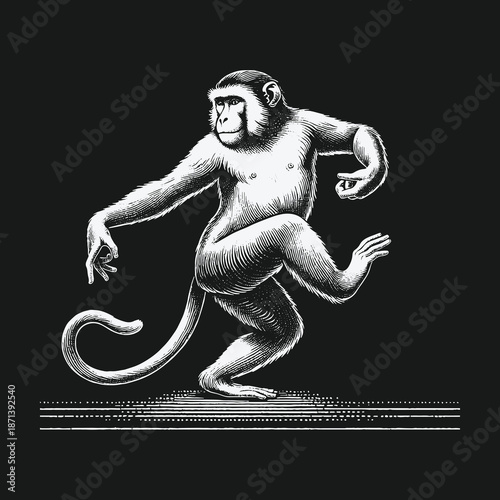 Engraving of a Monkey in Motion on Black Background.