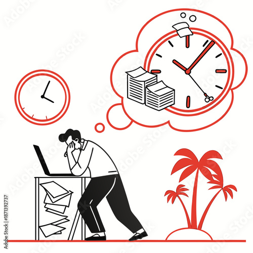 Stressed worker dreaming of vacation