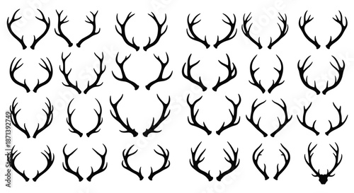 Extensive collection of twenty-four different deer antler silhouettes and horn shapes from various species for hunting and wildlife themed designs.