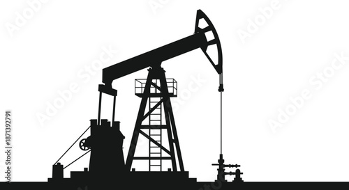 Silhouette of an oil pump jack on a white background representing the petroleum industry and fossil fuel extraction operations.