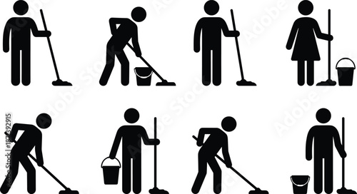 Set of cleaning service icons featuring stick figures mopping the floor with buckets for professional housekeeping and janitorial maintenance services. (21 words)