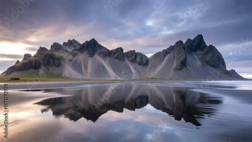 Mountain range reflected in calm water at sunset on a cloudy day