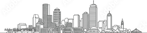 Boston City Skyline One Line Art Illustration Featuring Massachusetts Landmarks, Modern Minimalist Continuous Vector Drawing, Custom Script Lettering, and Urban Architecture