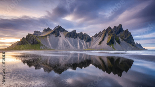 Mountain range with green grass and sand at sunset on a beach