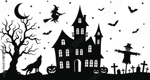 Spooky Halloween Silhouette Scene with Haunted House, Witch Flying on Broom, Howling Wolf, Creepy Tree, Bats, Pumpkins, and Cemetery Gravestone Elements.