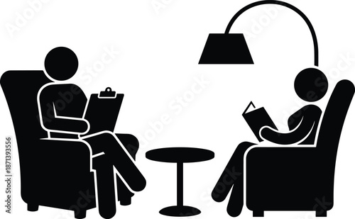 Professional therapy session icon featuring therapist with clipboard and patient in armchair, mental health consultation, counseling silhouette, psychological support illustration.