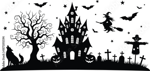Spooky Halloween Silhouette Illustration with Haunted Castle, Flying Witch, Scary Pumpkins, Graveyard, Creepy Tree, Bats, and Howling Wolf on White Background