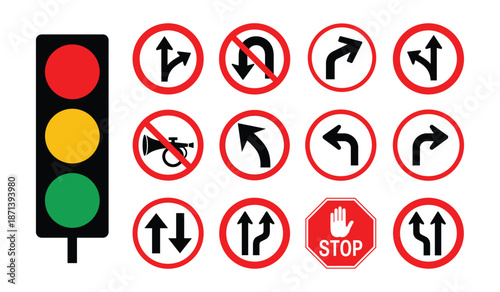 Traffic signal lights and various road signs including turn arrows stop and no horn yellow.