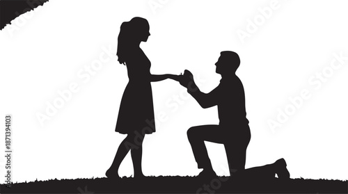 A man kneels on one knee proposing marriage to a woman in a romantic outdoor silhouette scene