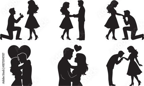 Collection of black silhouette couples showing romantic moments including proposals and embraces