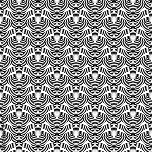 Fish scale wallpaper. Asian traditional ornament with repeated scallops. Repeated white curves on black background. Seamless surface pattern design with semicircles. Grid motif. Digital paper. Vector.