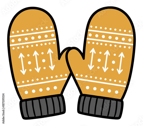 Pair of warm yellow knit mittens decorated with white patterns and dark cuffs. Isolated transparent background ( include cut-out PNG file ).
