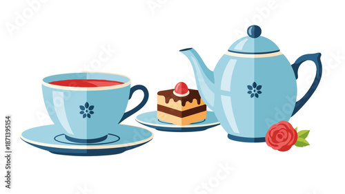 A beautiful blue tea set with a slice of cake and a red rose, perfect for tea time occasions