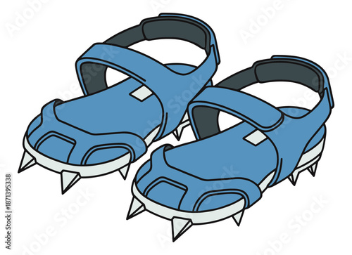 Blue ice climbing crampons worn over sandals with sharp metal points
