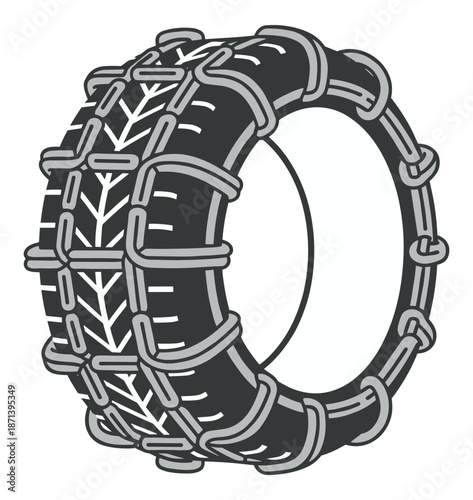 Tire with snow chains attached for improved traction on slippery surfaces. Isolated transparent background ( include cut-out PNG file )