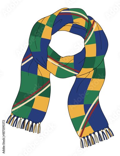 Multicolor patterned checkered winter scarf with fringes on a transparent background. Isolated transparent background ( include cut-out PNG file )