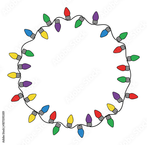 Colorful holiday Christmas light bulbs border in a circular string arrangement.Isolated transparent background ( include cut-out PNG file )
