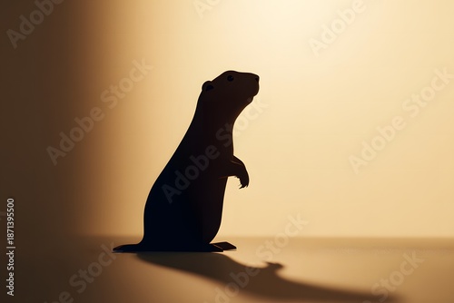 Groundhog silhouette stands upright against a warm gradient background, representing the anticipation of spring and the festive spirit of Groundhog Day
