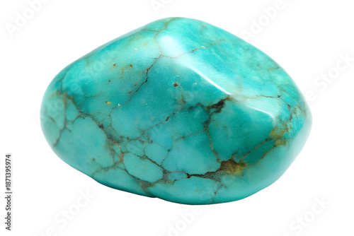 A polished turquoise stone with a smooth surface and visible brown veins, set against a plain white background.