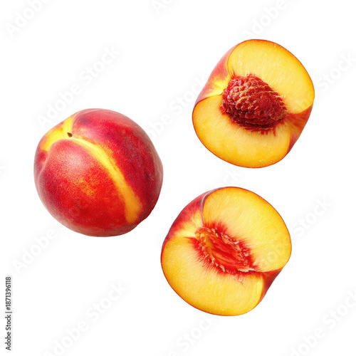 Two whole and one half peach. Vibrant red and yellow. Fresh fruit