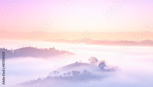 Ethereal Pastel Sunrise Over Misty Hills and Cloud Sea
