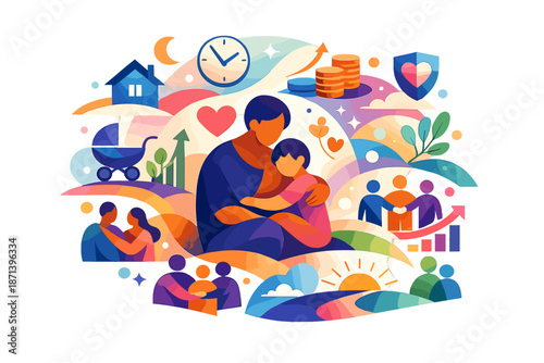 Family Care and Love Concept Illustration with Home and Community Symbols
