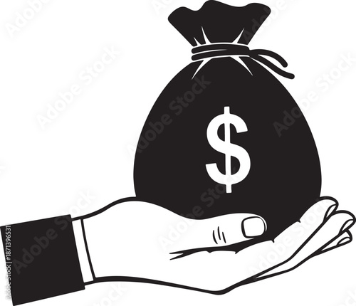 A hand holding a black sack with a dollar sign on it also transparent background white