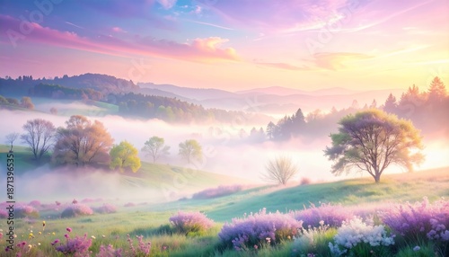 Vibrant Pastel Sunrise Over Misty Hills and Blooming Lavender Fields