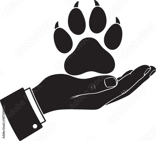 A Black Silhouette of a Hand Holding a Large Paw Print also transparent background animal