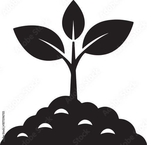 Black and white of a simple plant with three leaves and a rounded base also transparent background
