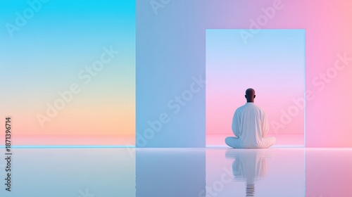 A person in white clothing sits in a meditative lotus pose within a minimalist architectural frame against a soft pastel gradient sky and reflective floor.