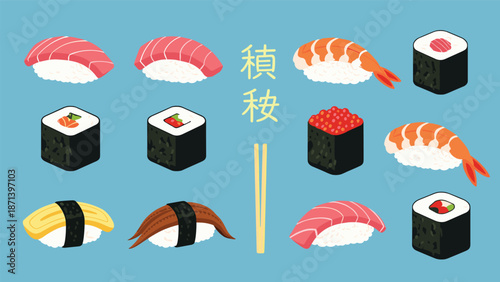 Diverse collection of sushi types and japanese characters with a pair of chopsticks on a light blue background.