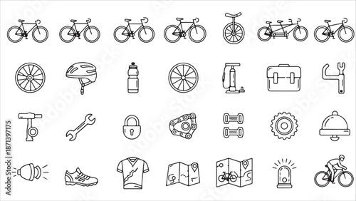 Bicycle line icons. Thin vector illustrations of mountain bike, parking, tracker, light, bell, group ride, and downhill cycling..eps