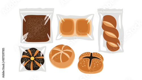 Collection of bread rolls including some in plastic packaging and others loose, featuring different shapes and toppings.