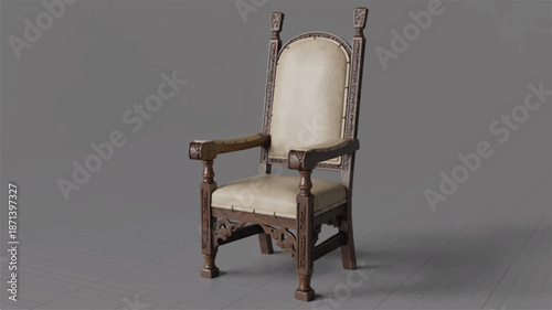 ornate wooden chair with beige upholstery and carvings on gray background