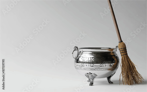 silver cauldron with broom on gray background