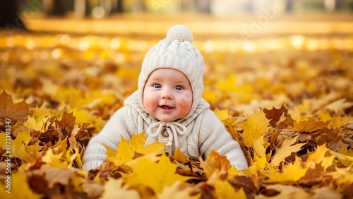 Happy baby in autumn leaf pile.