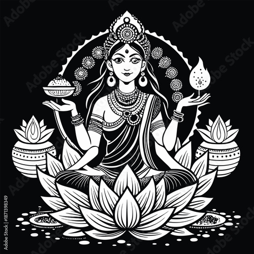 A peaceful vector illustration of a serene woman meditating in a lotus position surrounded by lotus flowers