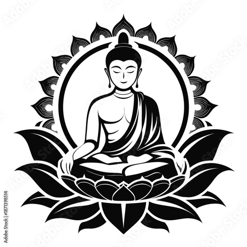A serene silhouette of Buddha meditating in lotus position on a flower surrounded by intricate designs