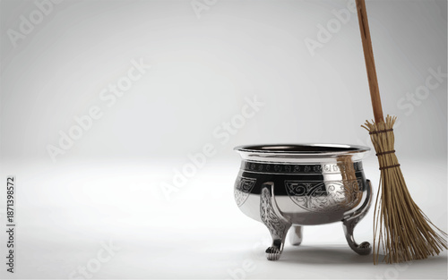 silver cauldron with broom on white background