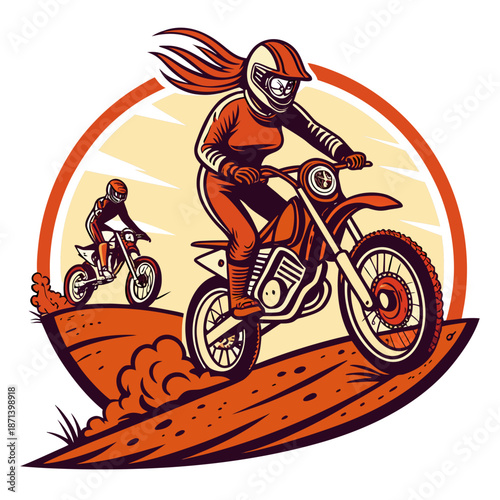 Motocross girl logo design illustration with dynamic riders, capturing the thrill and adrenaline of extreme off road racing.