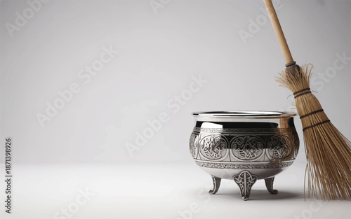Silver cauldron with broom on white surface