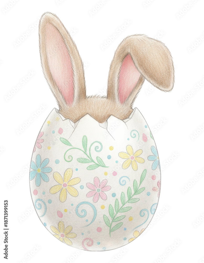 Fototapeta premium Bunny Ears Popping Out Of Easter Egg showing cute rabbit hiding inside cracked shell with floral pattern for spring holiday presented as colored pencil sketch.