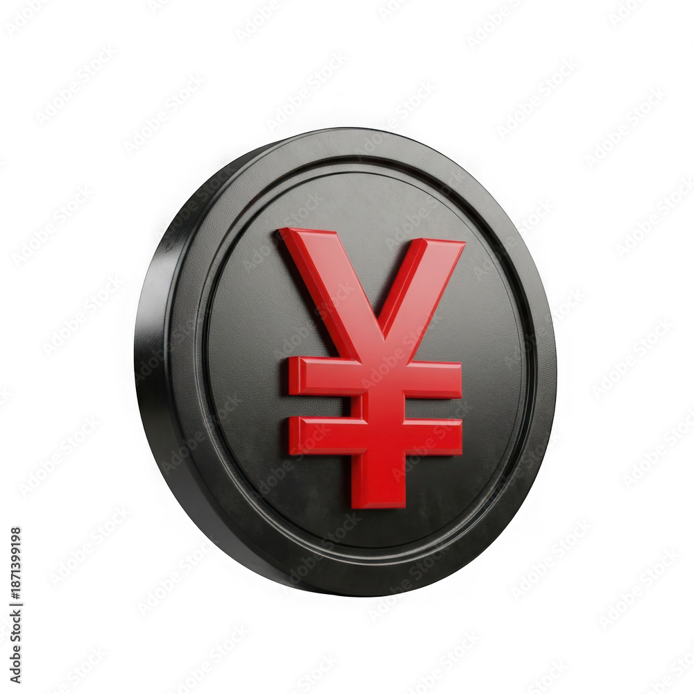 Obraz premium 3d rendered black coin with red yen symbol isolated on transparent background