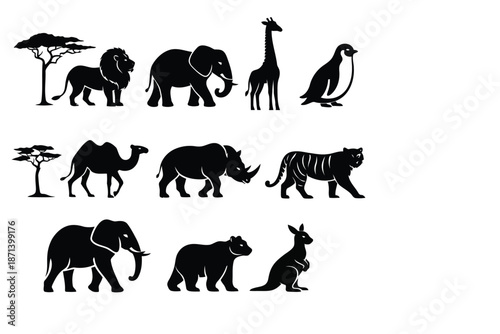 Collection of African Wildlife Silhouettes Featuring Elephant, Giraffe, Lion, Penguin, Zebra Against a White Background